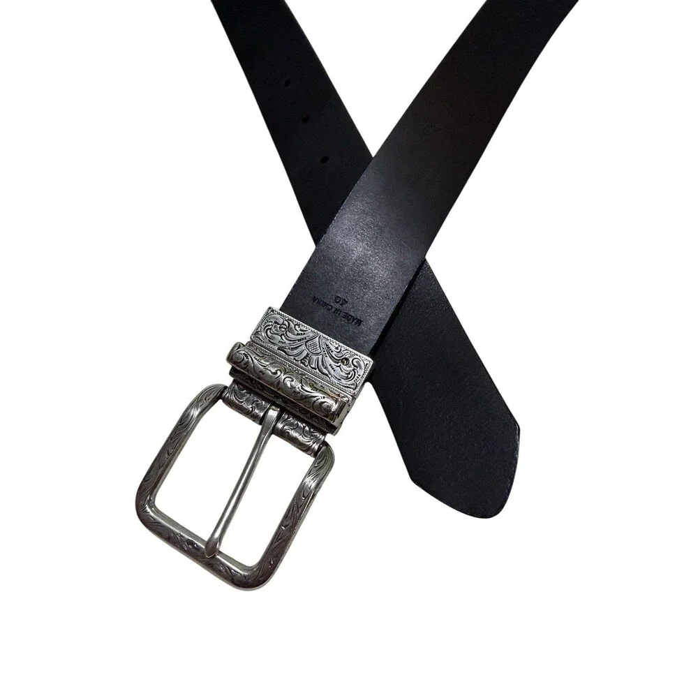 Reversible Western Belt Brown Black Engraved Swivel Buckle Size 40
